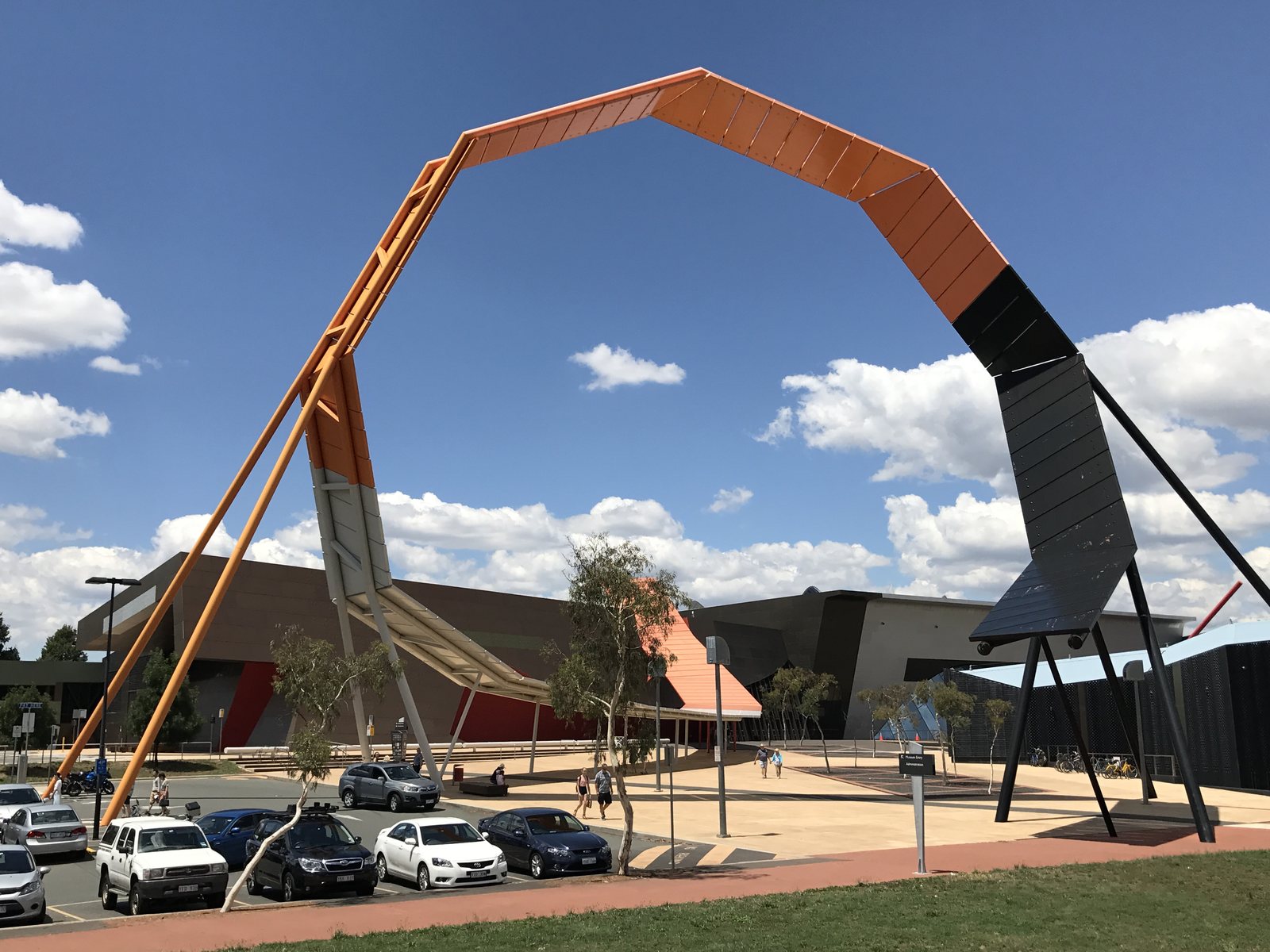 National Museum of Australia exterior with its large orange architectural loop