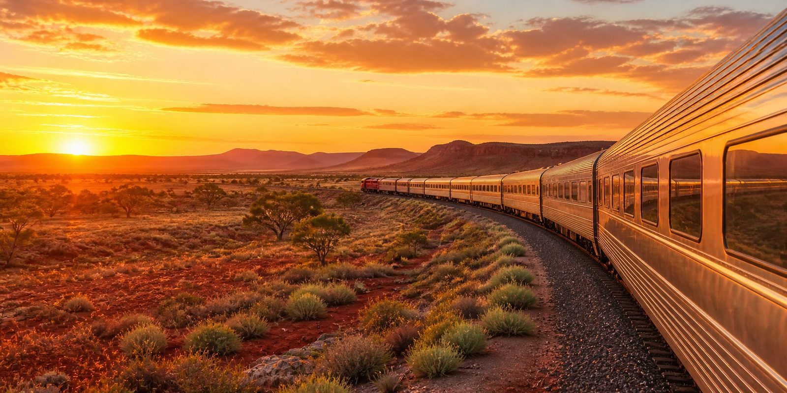 Long-distance passenger train curving through the Australian outback at sunset